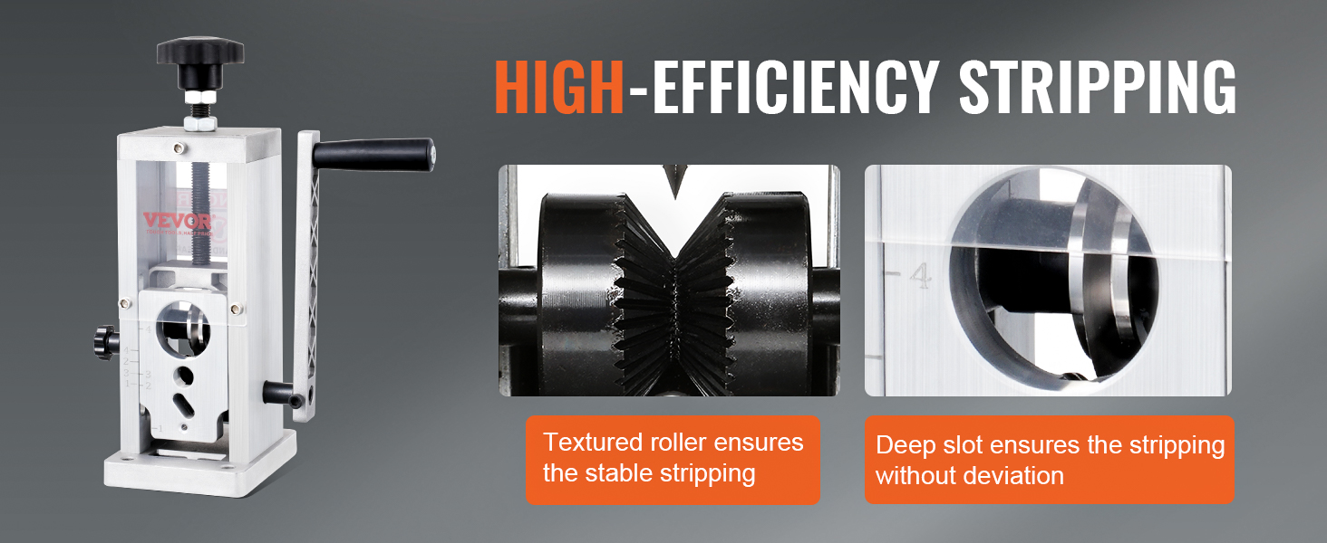 VEVOR wire stripping machine with textured roller and deep slot for stable, efficient stripping.