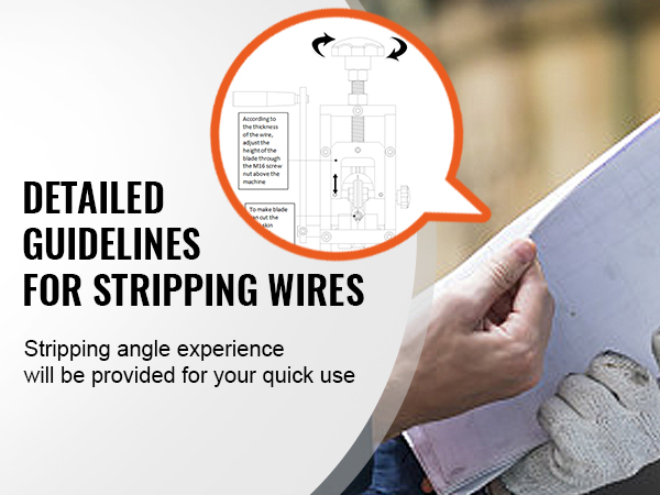 detailed guidelines for the VEVOR wire stripping machine, hands holding manual with diagrams.