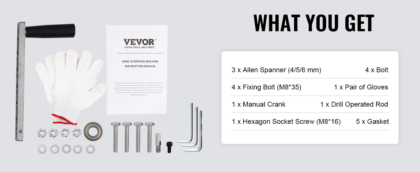 VEVOR wire stripping machine components: manual crank, gloves, bolts, fixings, and instruction manual.
