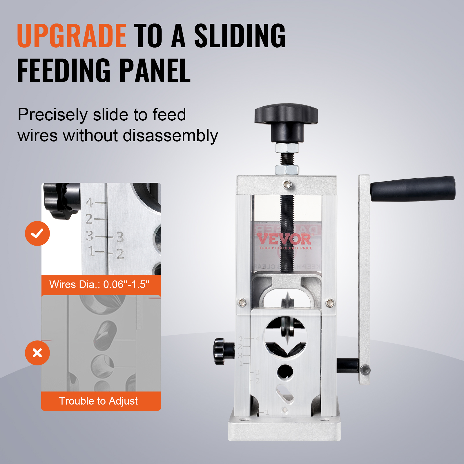 VEVOR wire stripping machine with sliding feeding panel for wire diameters from 0.06” to 1.5”.