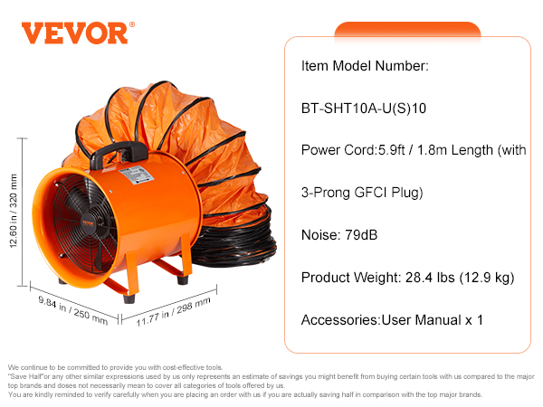 VEVOR portable ventilator with orange flexible duct, dimensions 12.60in x 11.77in x 9.84in.