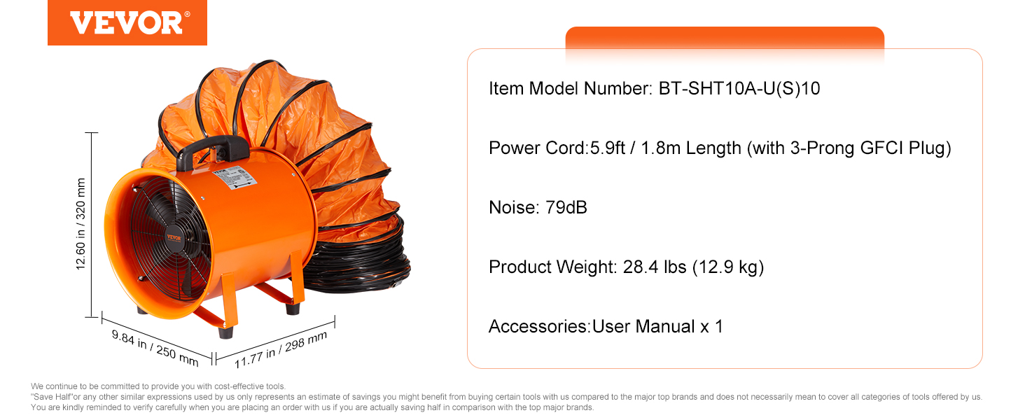 VEVOR portable ventilator with orange flexible duct, dimensions 12.60in x 11.77in x 9.84in.