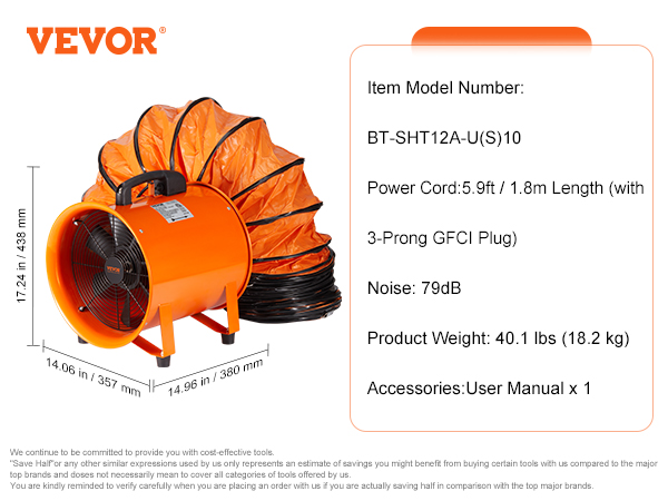 VEVOR portable ventilator, orange housing, dimensions: 17.24x14.06x14.96 inches, 5.9ft power cord.
