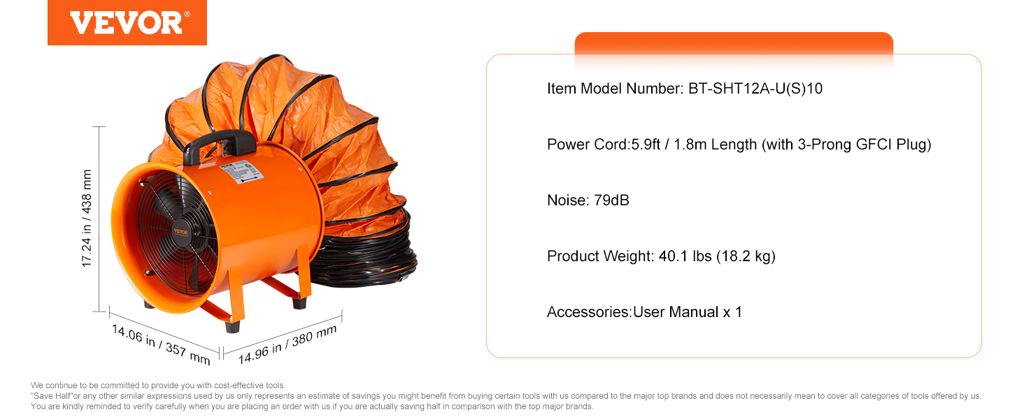 VEVOR portable ventilator, orange housing, dimensions: 17.24x14.06x14.96 inches, 5.9ft power cord.