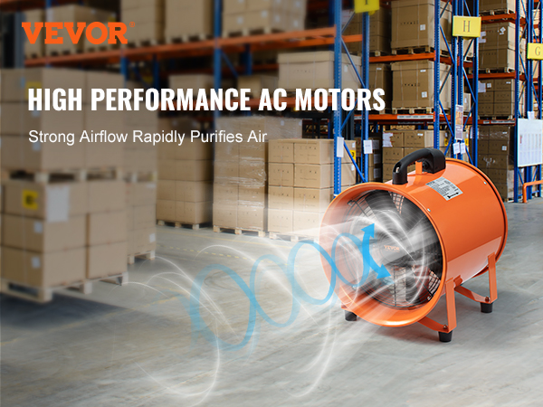 VEVOR portable ventilator in warehouse, providing strong airflow with high-performance ac motors.