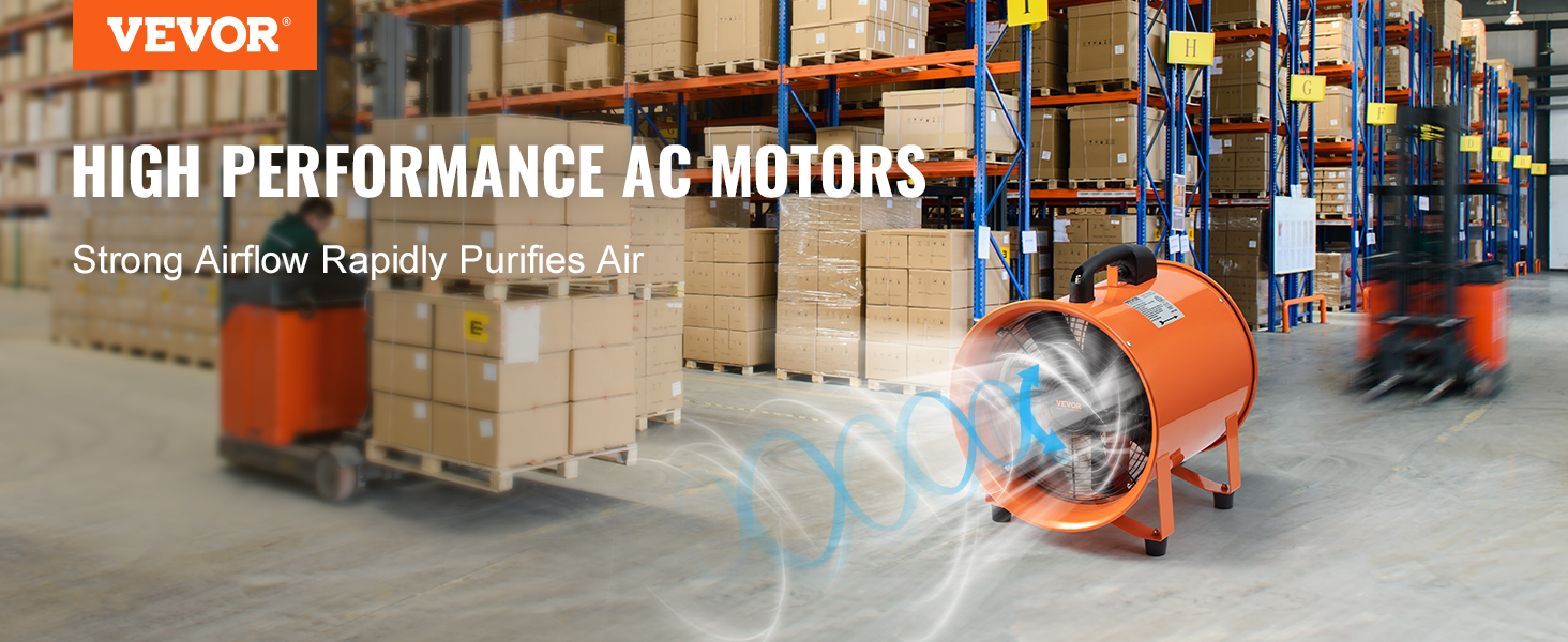 VEVOR portable ventilator in warehouse, providing strong airflow with high-performance ac motors.