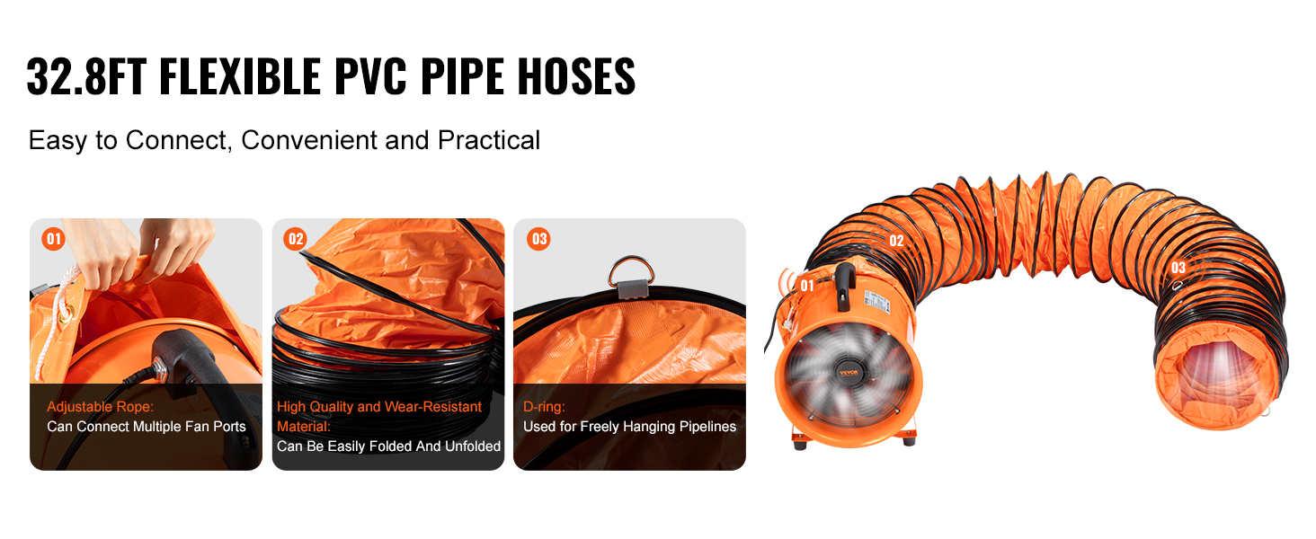 32.8ft flexible pvc pipe hoses with VEVOR portable ventilator, featuring adjustable rope, and d-ring for hanging.