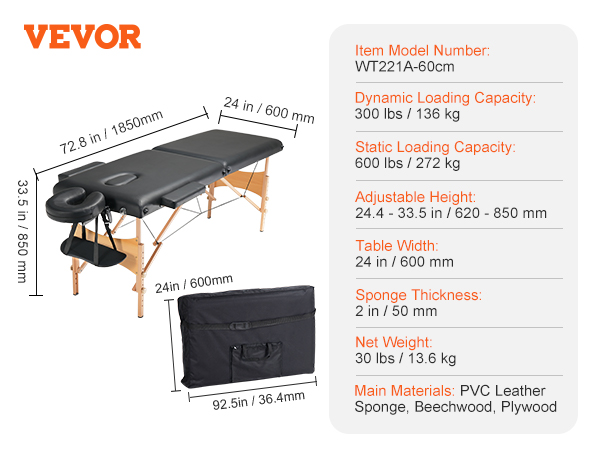 VEVOR portable massage table with dimensions, weight, and specifications displayed; includes carry case.