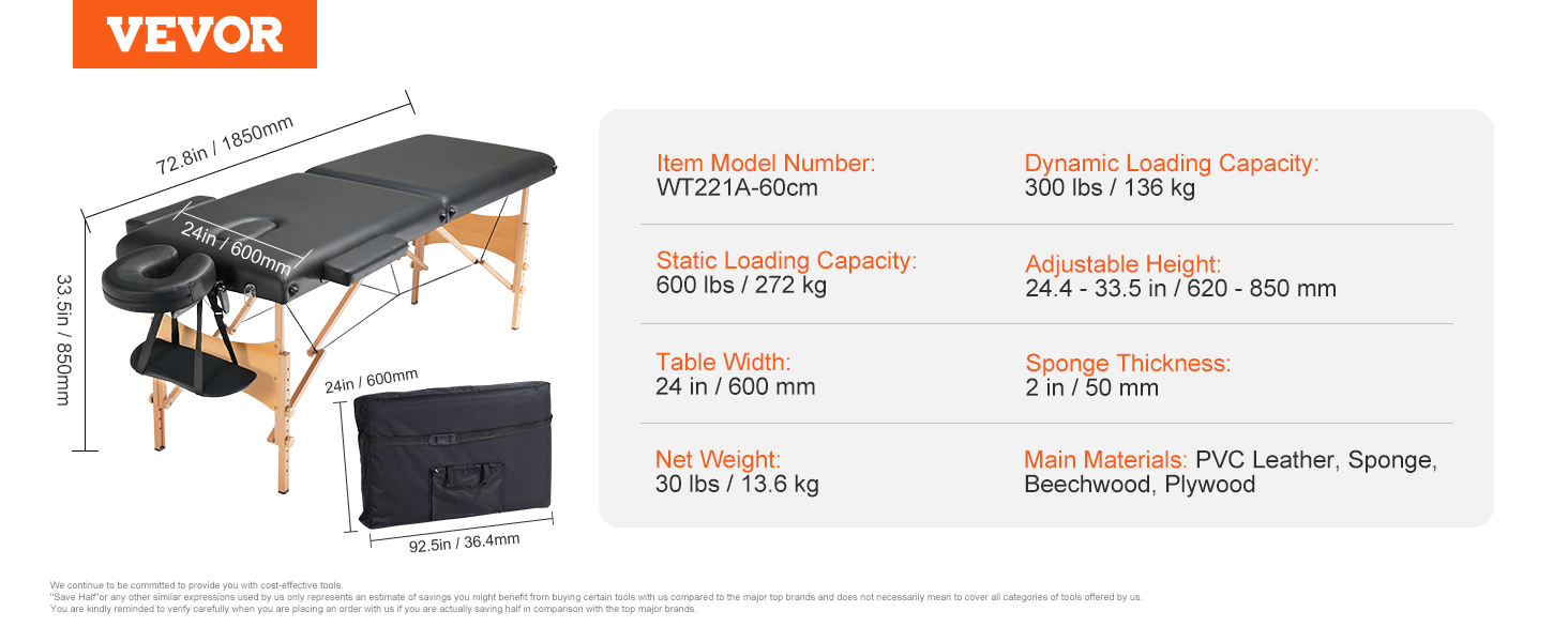 VEVOR portable massage table with dimensions, weight, and specifications displayed; includes carry case.