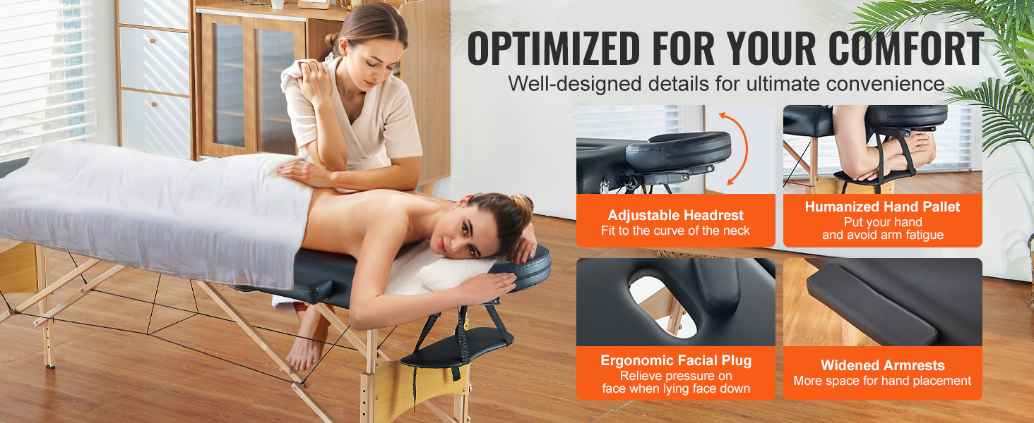 VEVOR portable massage table with adjustable headrest, ergonomic facial plug, and widened armrests.