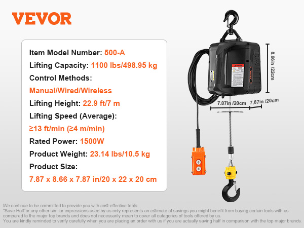 VEVOR electric hoist winch, 1100lbs capacity, 22.9ft lift, 1500w, 7.87x8.66x7.87 in size, 500-a model.