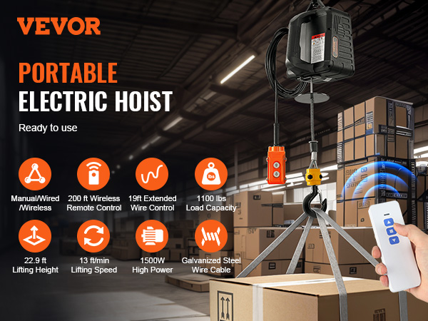 VEVOR electric hoist winch with wireless remote, 1100 lbs load, 22.9 ft height, for industrial use.