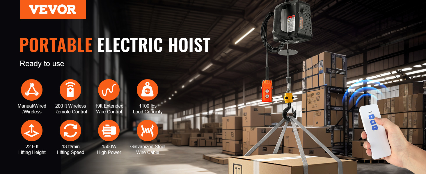 VEVOR electric hoist winch with wireless remote, 1100 lbs load, 22.9 ft height, for industrial use.