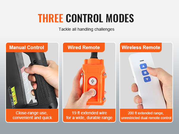three control modes for VEVOR electric hoist winch: manual, wired remote with 19-ft wire, wireless remote.