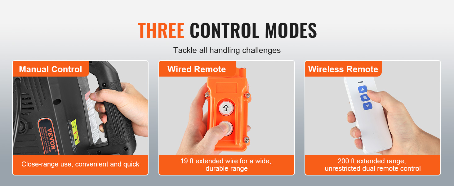 three control modes for VEVOR electric hoist winch: manual, wired remote with 19-ft wire, wireless remote.