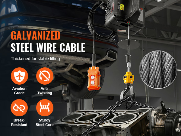 VEVOR electric hoist winch lifting a car engine with thickened galvanized steel wire cable for stable lifting.