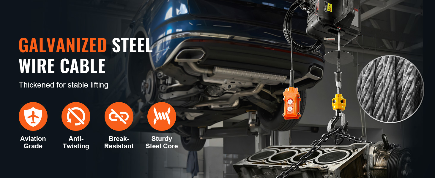 VEVOR electric hoist winch lifting a car engine with thickened galvanized steel wire cable for stable lifting.