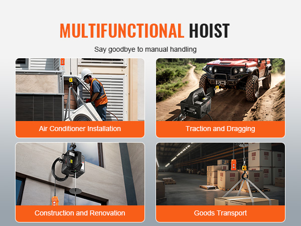 VEVOR electric hoist winch for air conditioner installation, traction and dragging, construction, and goods transport.