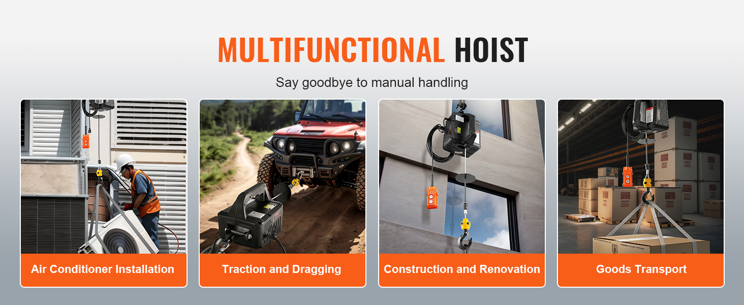 VEVOR electric hoist winch for air conditioner installation, traction and dragging, construction, and goods transport.