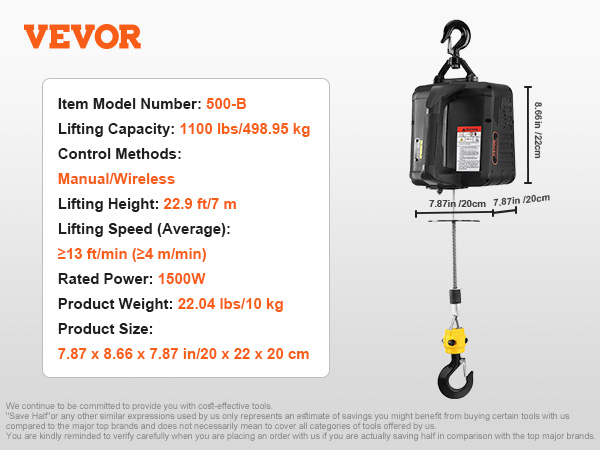 VEVOR electric hoist details: 1100 lbs capacity, manual/wireless control, 22.9 ft lifting, 1500w, 22 lbs weight.