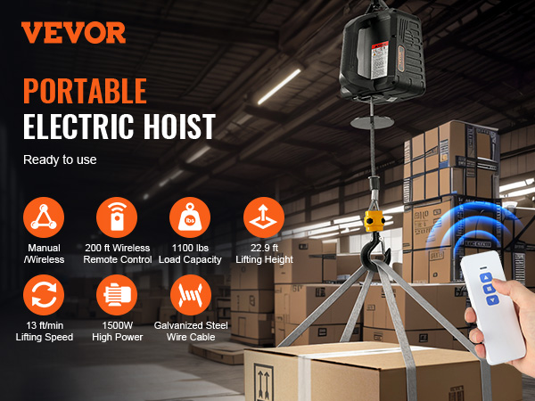 VEVOR electric hoist with 1100 lbs load capacity, 22.9 ft lifting height, 200 ft wireless remote control.