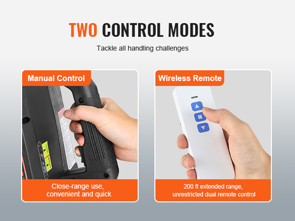 two control modes for VEVOR electric hoist: manual control and wireless remote.