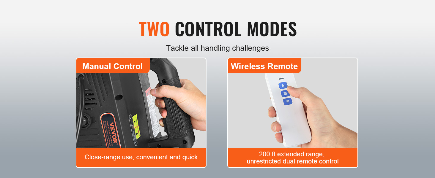 two control modes for VEVOR electric hoist: manual control and wireless remote.