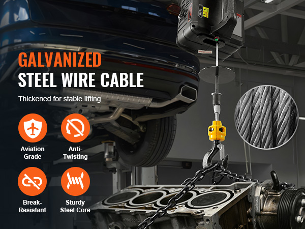 VEVOR electric hoist lifting a car, showcasing galvanized steel wire cable with detailed close-up.