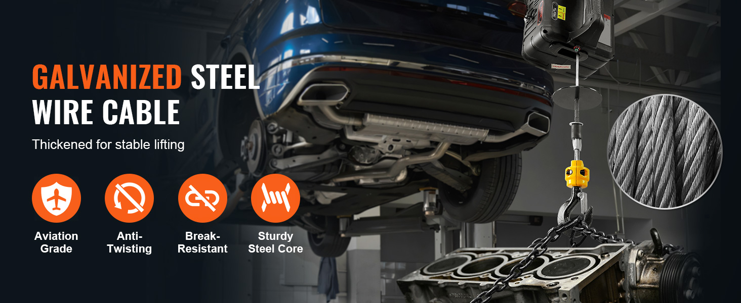 VEVOR electric hoist lifting a car, showcasing galvanized steel wire cable with detailed close-up.
