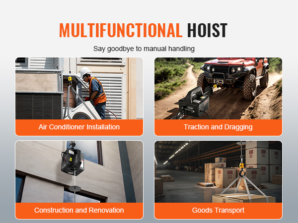 multifunctional VEVOR electric hoist used for air conditioner installation, dragging, construction, transport.