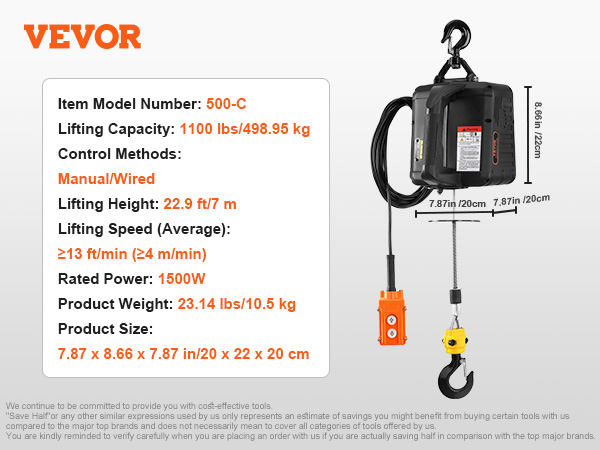 VEVOR electric hoist winch 500-c, 1100 lbs capacity, 1500w power, 22.9 ft lifting height, manual/wired control.