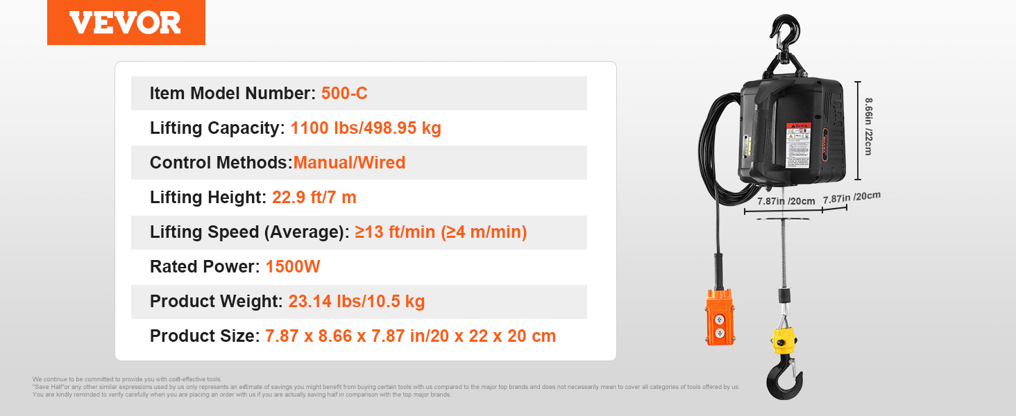 VEVOR electric hoist winch 500-c, 1100 lbs capacity, 1500w power, 22.9 ft lifting height, manual/wired control.
