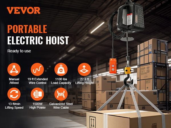 VEVOR electric hoist winch in warehouse, 1100 lbs capacity, 19 ft wire, 22.9 ft lift height, 1500w power.