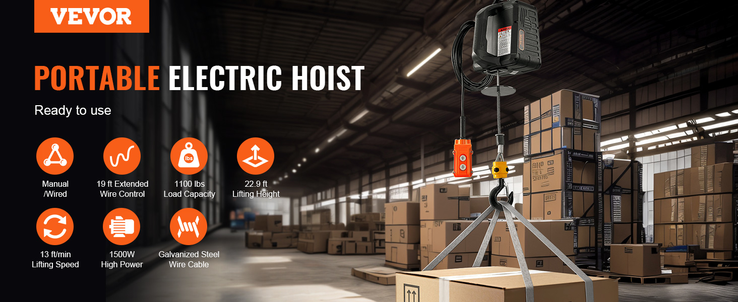 VEVOR electric hoist winch in warehouse, 1100 lbs capacity, 19 ft wire, 22.9 ft lift height, 1500w power.