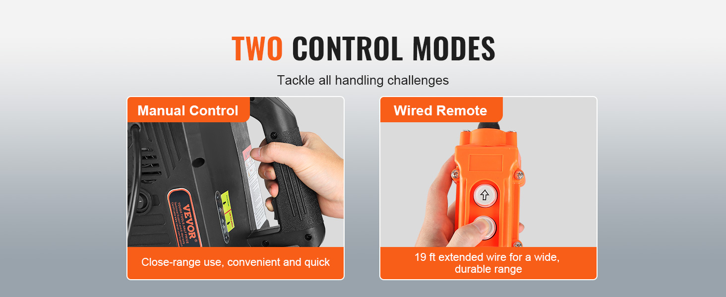 VEVOR electric hoist winch features manual control and wired remote for versatile handling solutions.