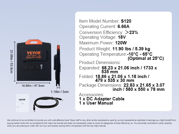 VEVOR portable solar charger folded with dimensions and operating specs shown. includes dc cable and manual.