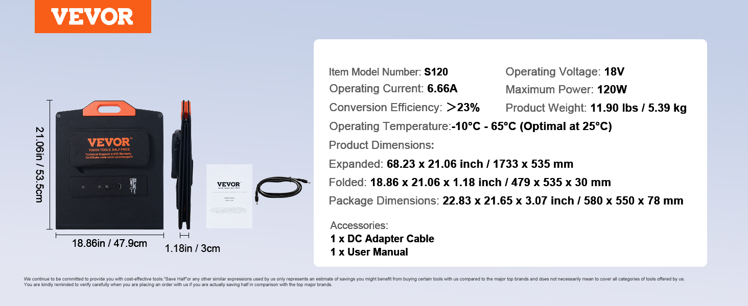 VEVOR portable solar charger folded with dimensions and operating specs shown. includes dc cable and manual.