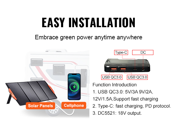 VEVOR portable solar charger for easy installation, solar panels, charging ports, and cellphone.