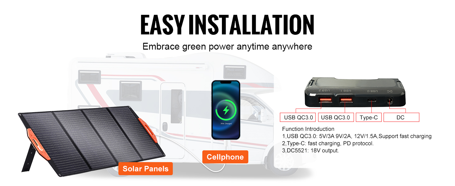 VEVOR portable solar charger for easy installation, solar panels, charging ports, and cellphone.