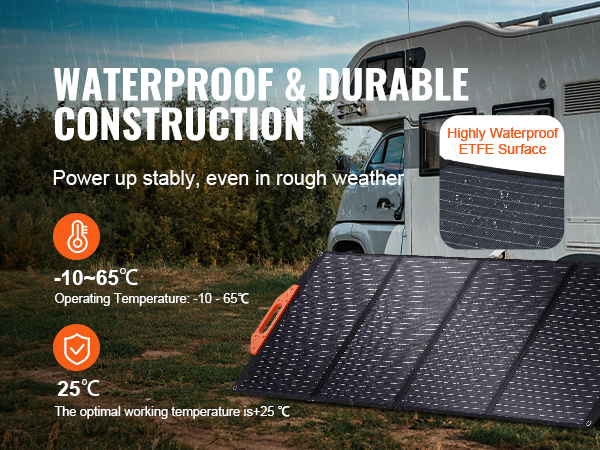 waterproof VEVOR portable solar charger outdoors with temperature range and camper in background.