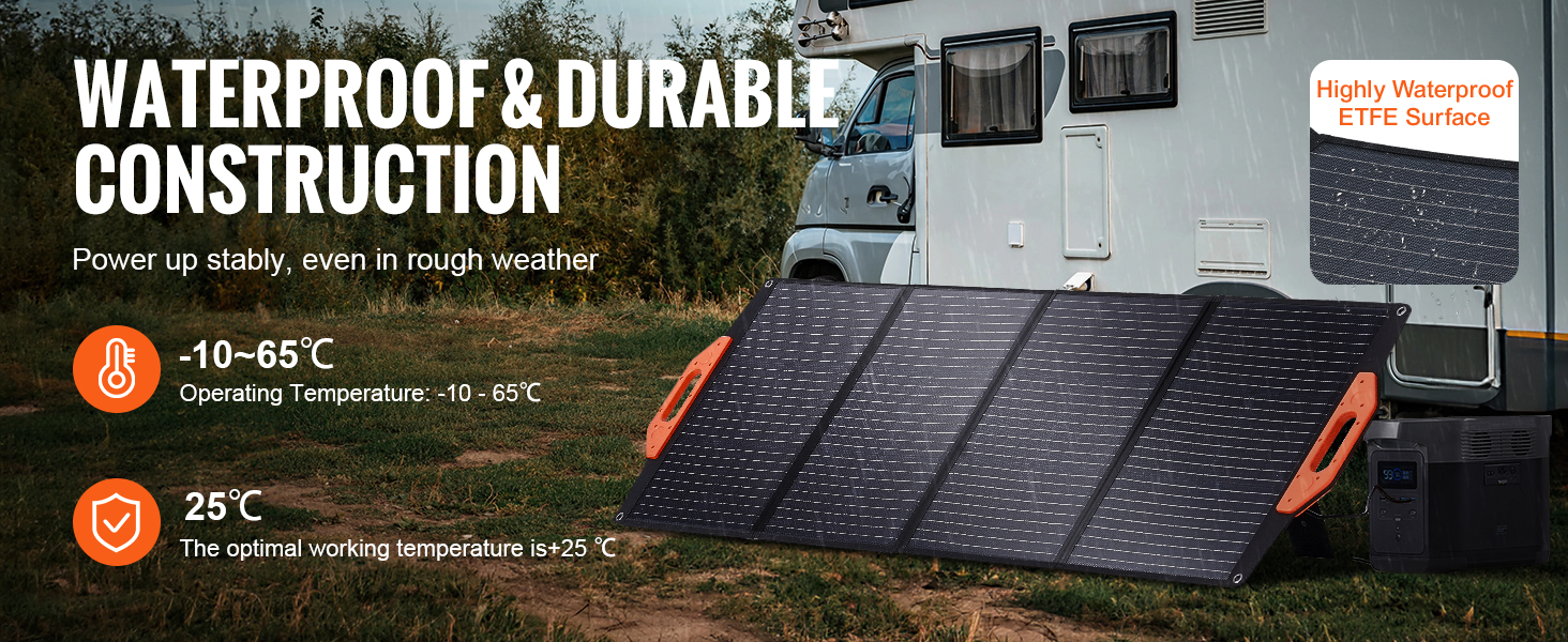 waterproof VEVOR portable solar charger outdoors with temperature range and camper in background.