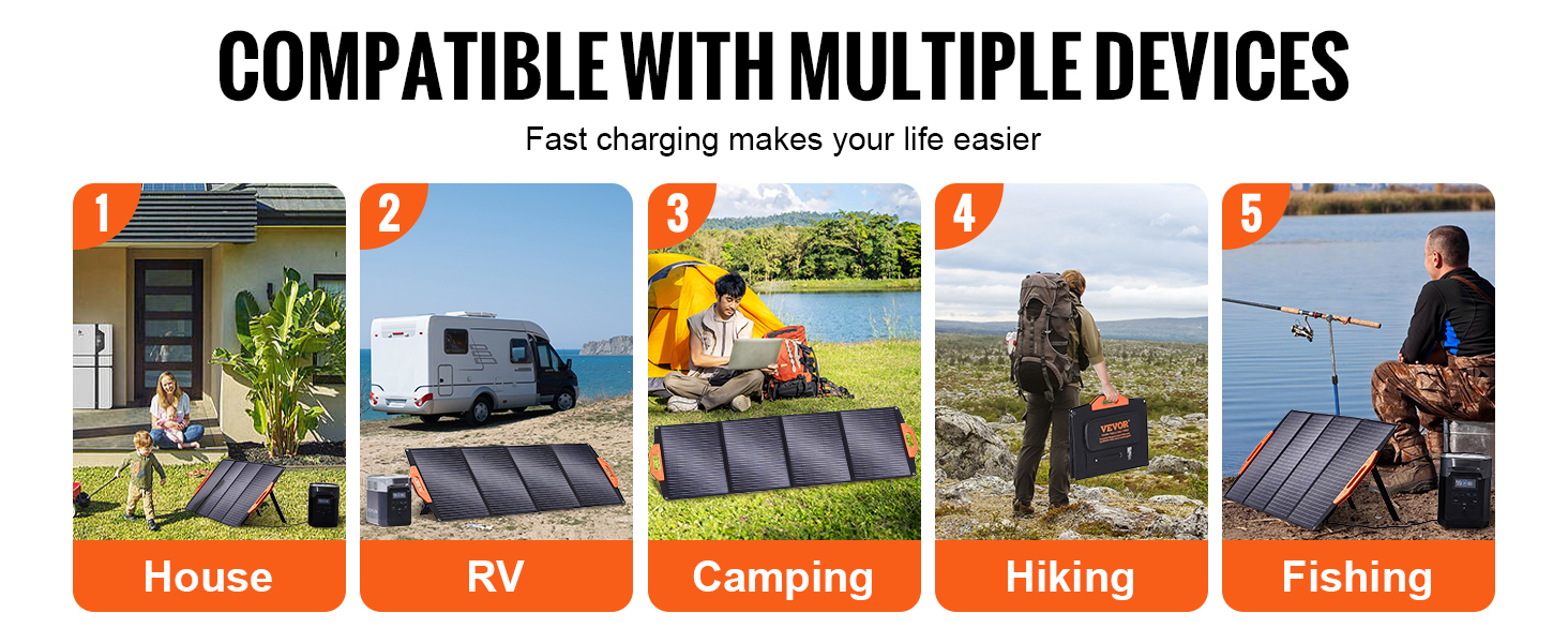 VEVOR portable solar charger for house, rv, camping, hiking, and fishing. fast charging for all.