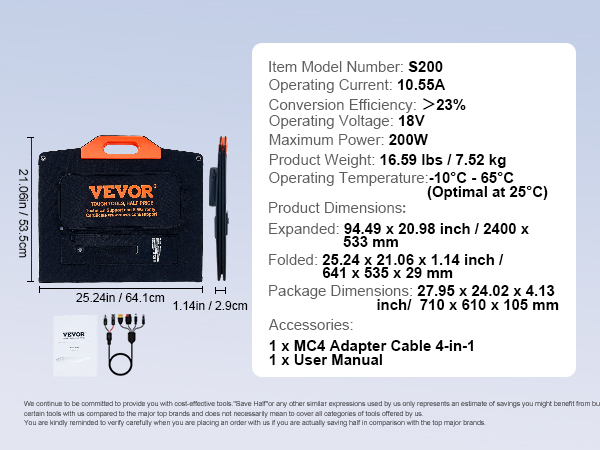 VEVOR solar panel with accessories, dimensions, and specifications displayed in a detailed layout.