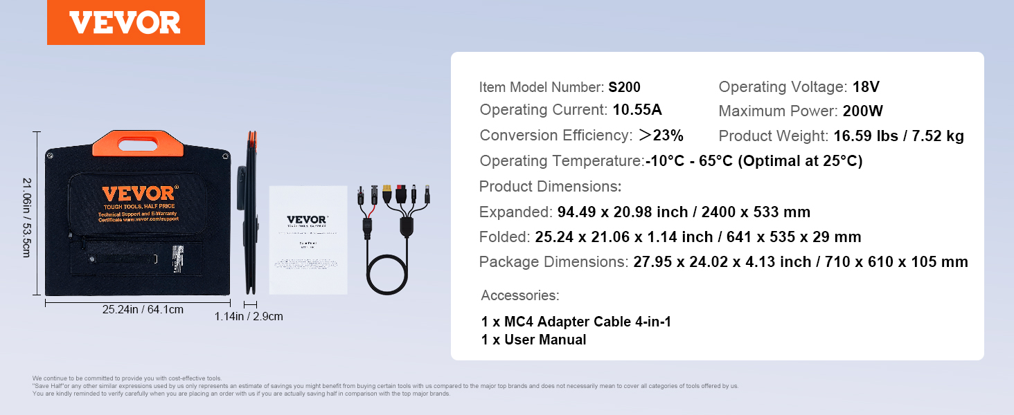 VEVOR solar panel with accessories, dimensions, and specifications displayed in a detailed layout.