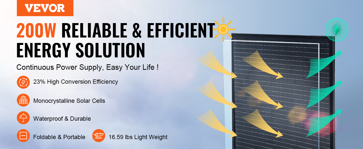 VEVOR 200w solar panel with 23% efficiency, monocrystalline cells, waterproof, foldable, and portable.