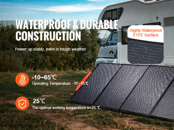 waterproof and durable VEVOR solar panel, operating in temperatures from -10°c to 65°c, optimal at 25°c.