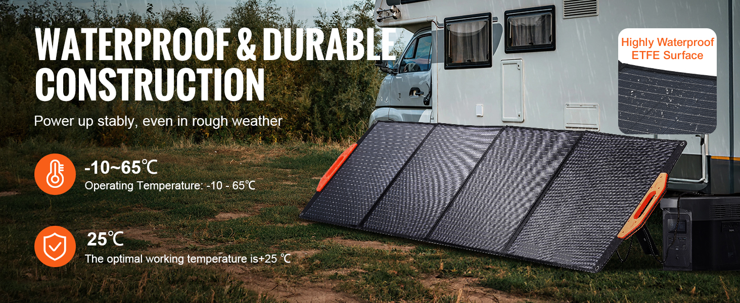 waterproof and durable VEVOR solar panel, operating in temperatures from -10°c to 65°c, optimal at 25°c.