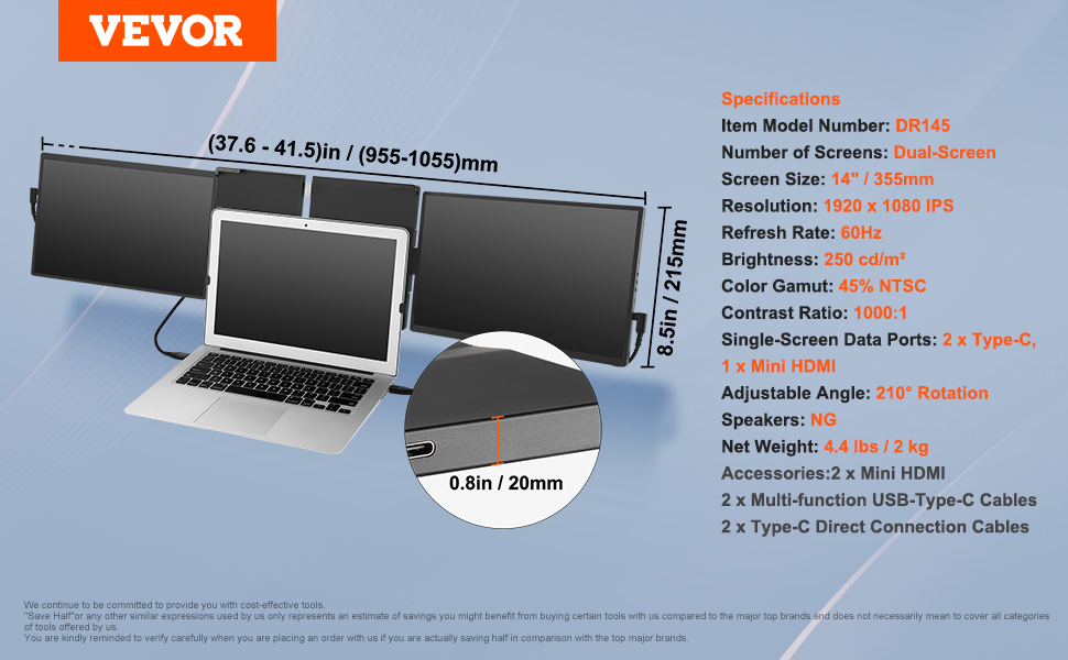 VEVOR laptop screen extender with dual 14" 1920x1080 ips screens, 210° rotation, and usb-type-c.