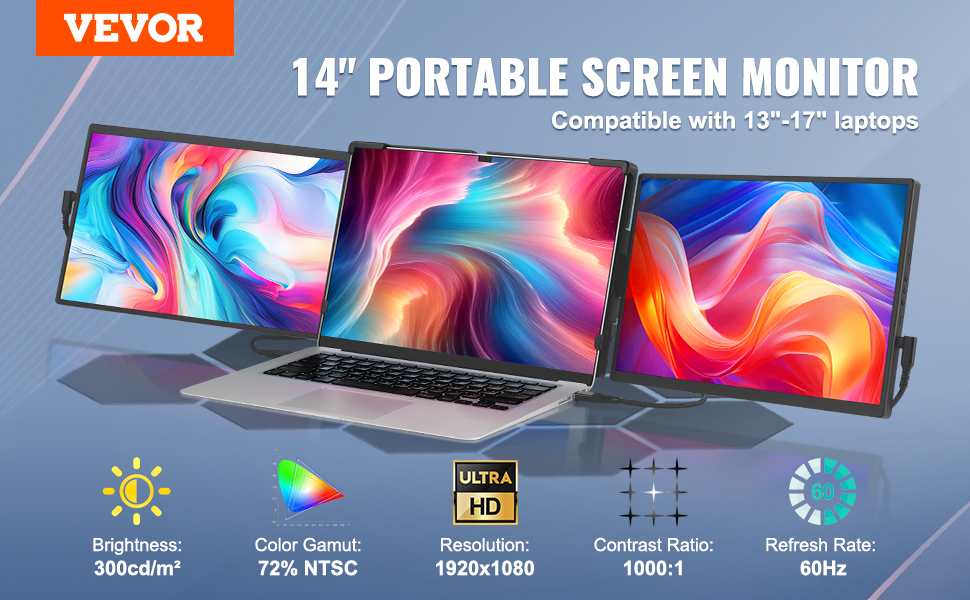 VEVOR laptop screen extender with tri-screen setup, 14" monitor, 1920x1080 resolution, 60hz refresh rate
