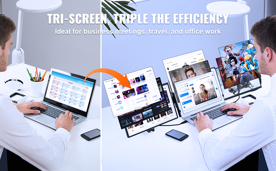 work setup with VEVOR laptop screen extender, enhancing multitasking with tri-screen displays for office efficiency.